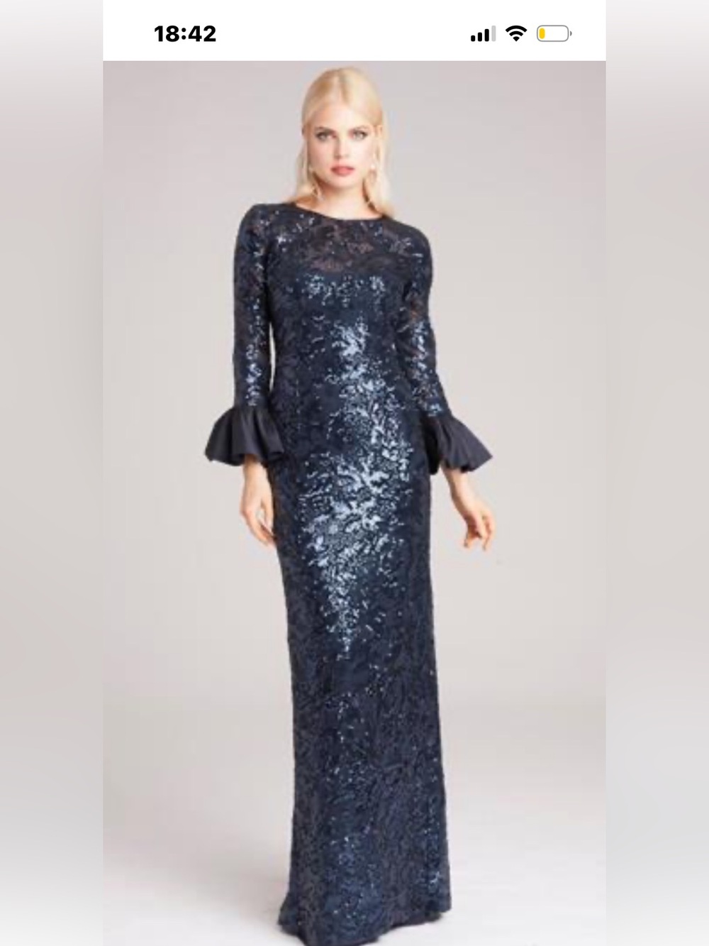Rickie Freeman for Teri Jon Navy Sequin Long-Sleeve Gown with Fluted Cuffs